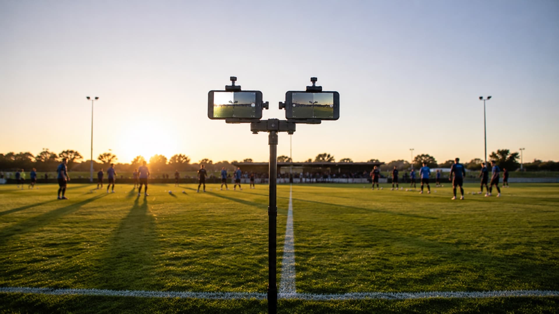 Dual-iPhone rig on a pole overlooking an amateur football pitch at golden hour