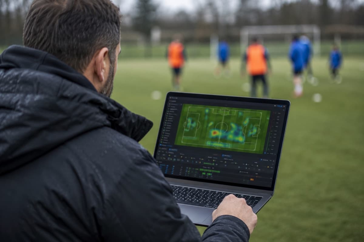 A grassroots coach reviews the match analytics dashboard on the touchline