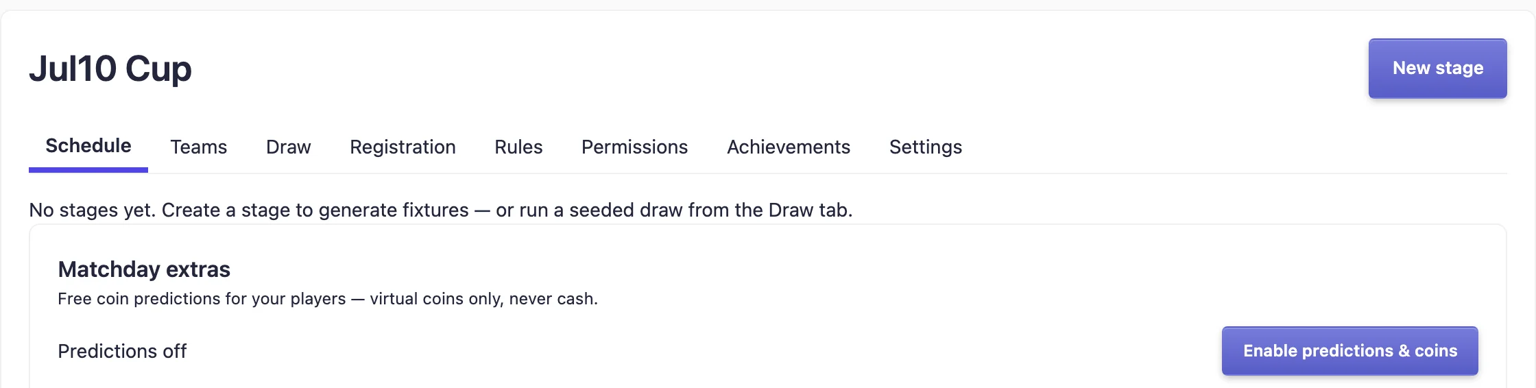 A competition workspace in the organizer console: schedule, teams, draw, registration and rules tabs