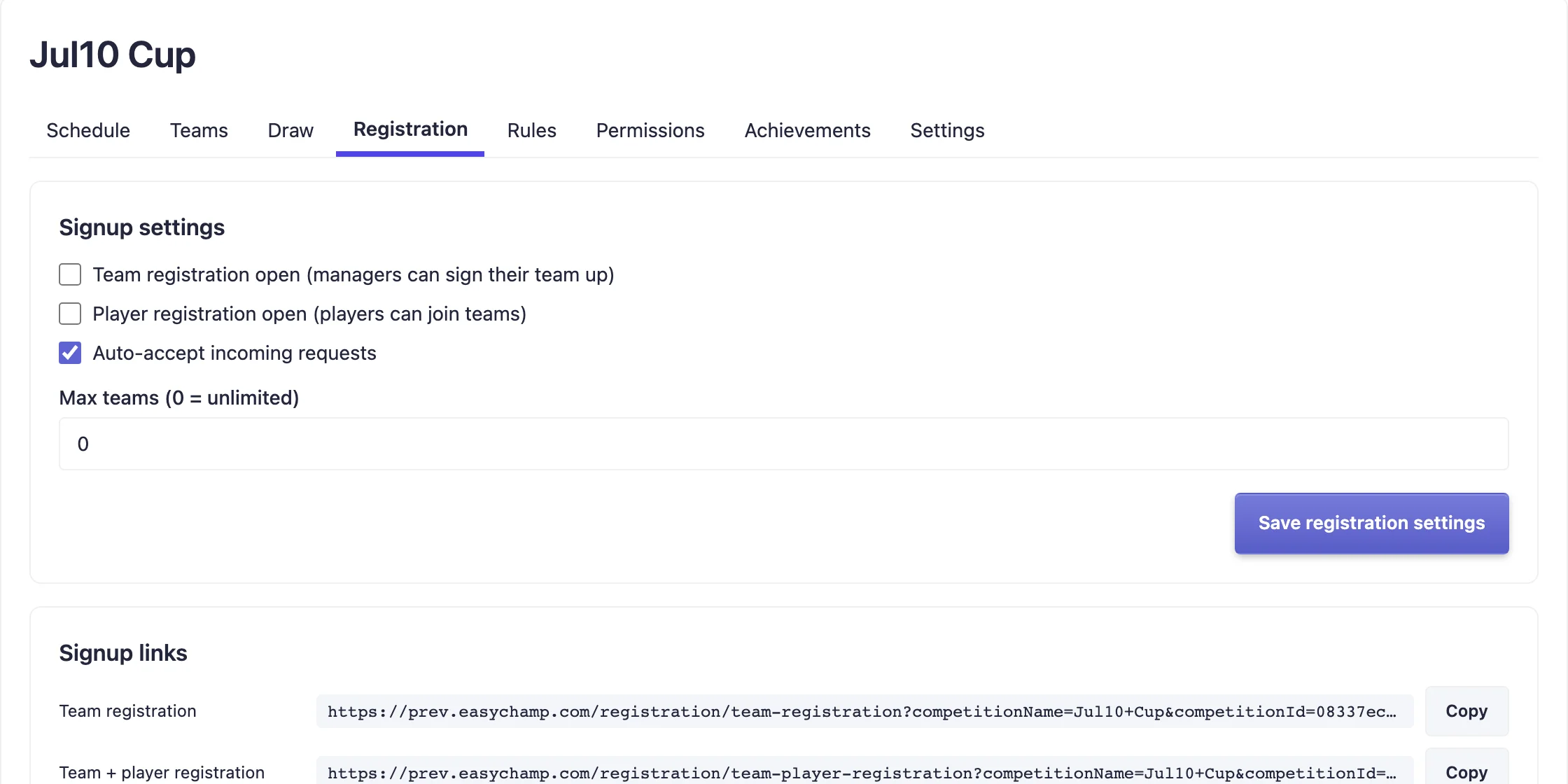The competition registration tab: signup settings and shareable signup links