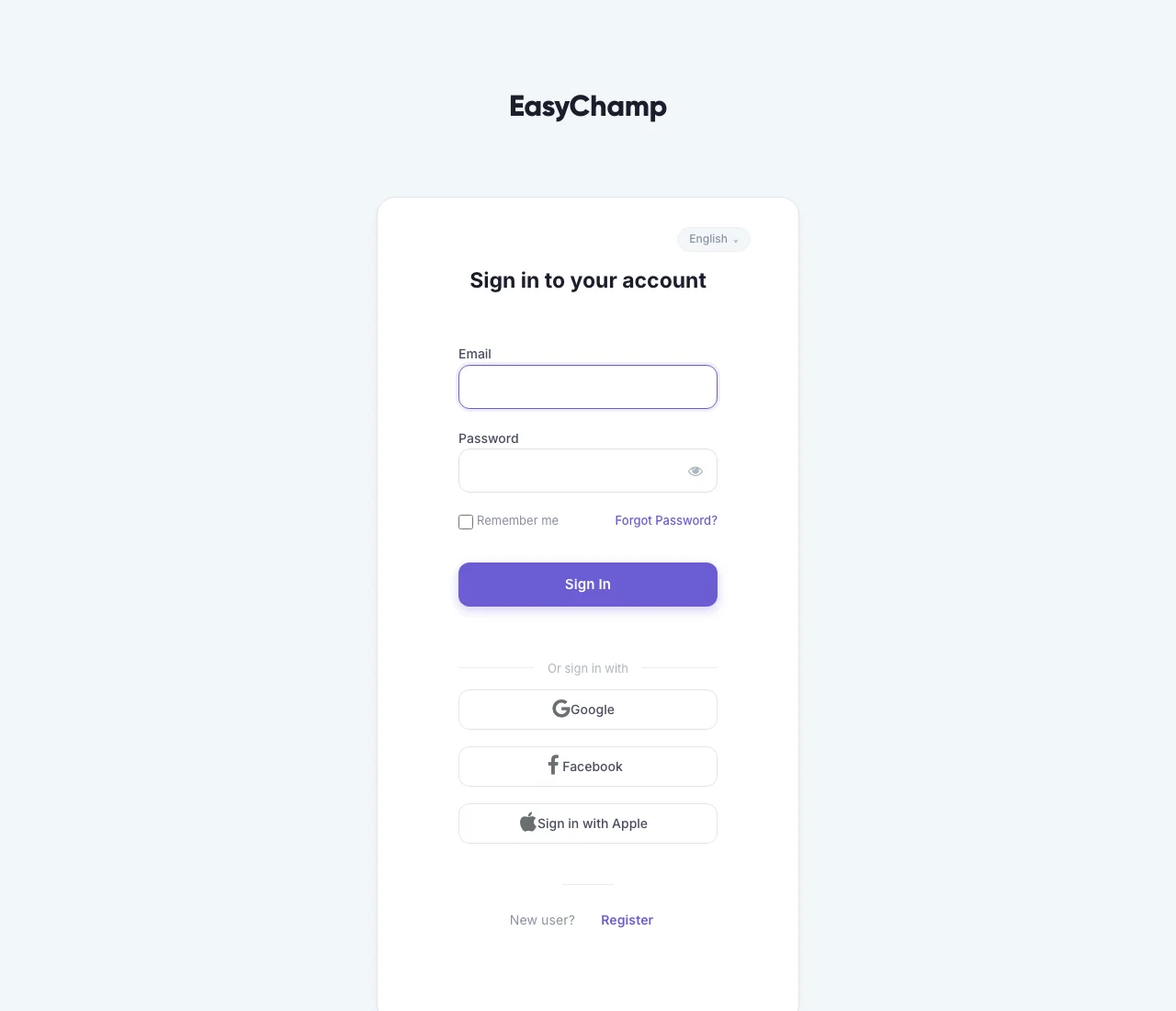 EasyChamp sign-in form with email, Google, Facebook, Apple and Register options