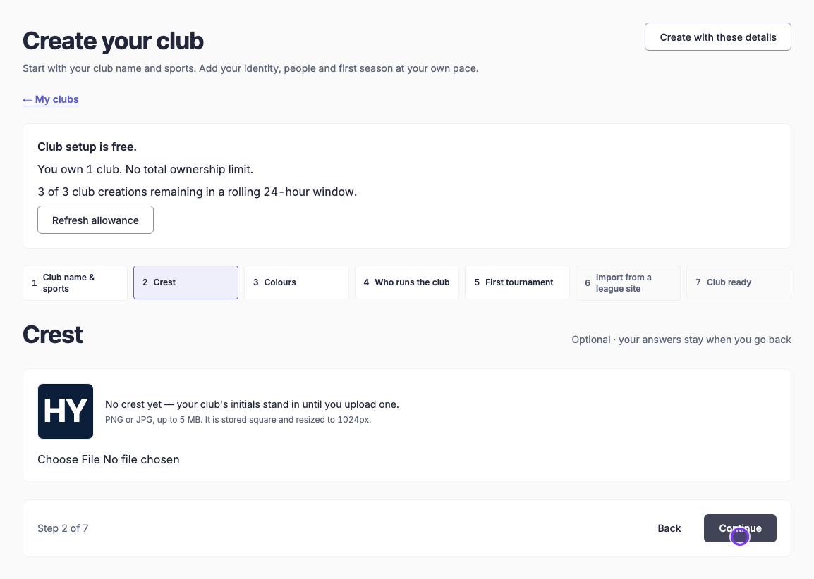 Club setup Crest step with the club initials placeholder and image upload field