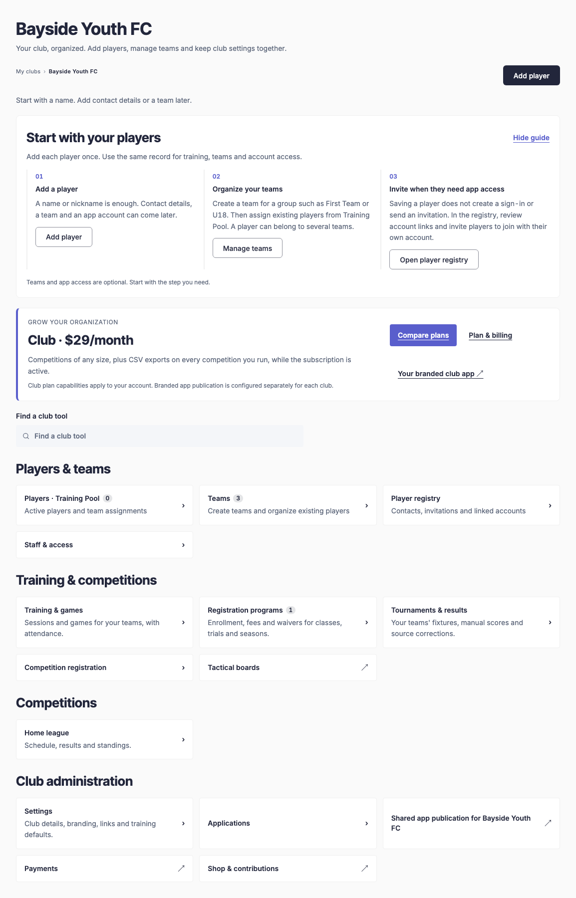 Club Office overview with players, teams, registration, settings and shared app publication