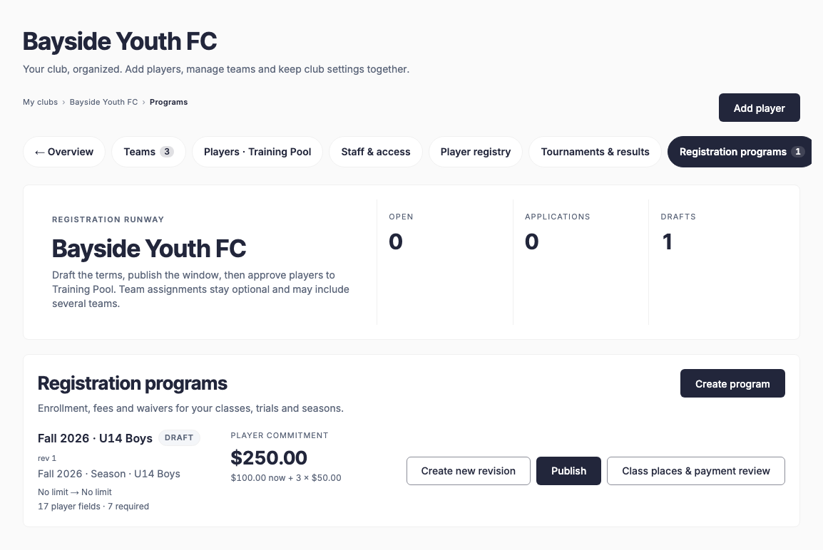 Bayside Youth FC tutorial club showing a draft registration program, player commitment and Publish control
