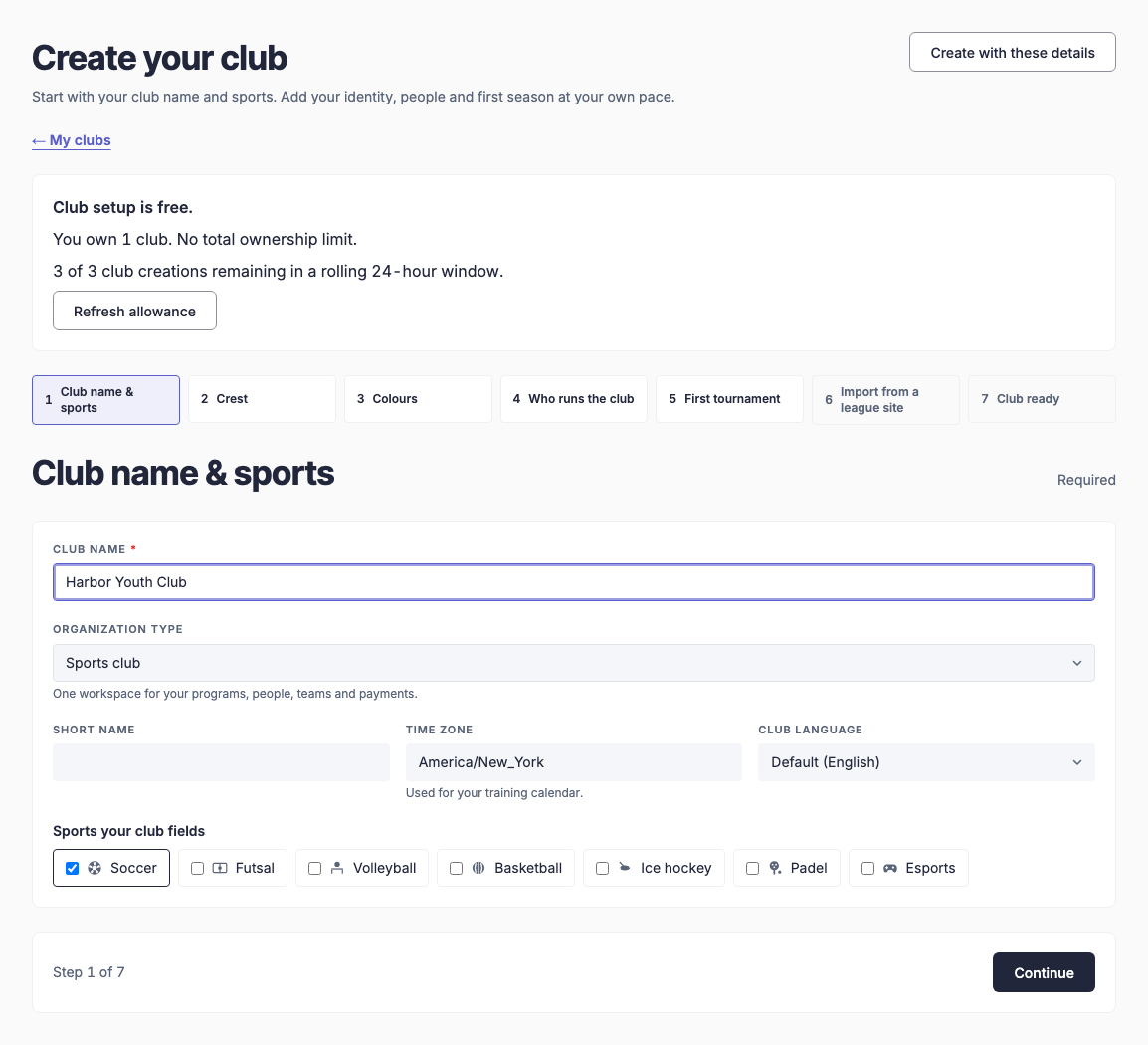 Create your club wizard showing organization type, time zone, language and sports
