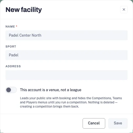 The live New facility form with name, sport, address and venue account option
