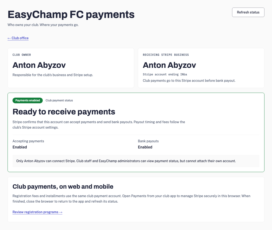 EasyChamp FC Ödemeler ekranı, Anton Abyzov’u kulüp sahibi ve tahsilatı alan Stripe işletmesi olarak gösteriyor; ödeme kabulü ve banka aktarımları açık.