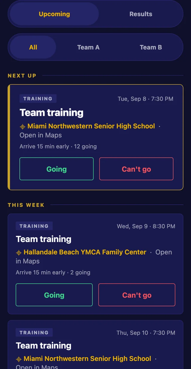 The Dade County FC app listing the week's training sessions with their venues, arrival times, going and can't-go buttons and the number of players who have replied.