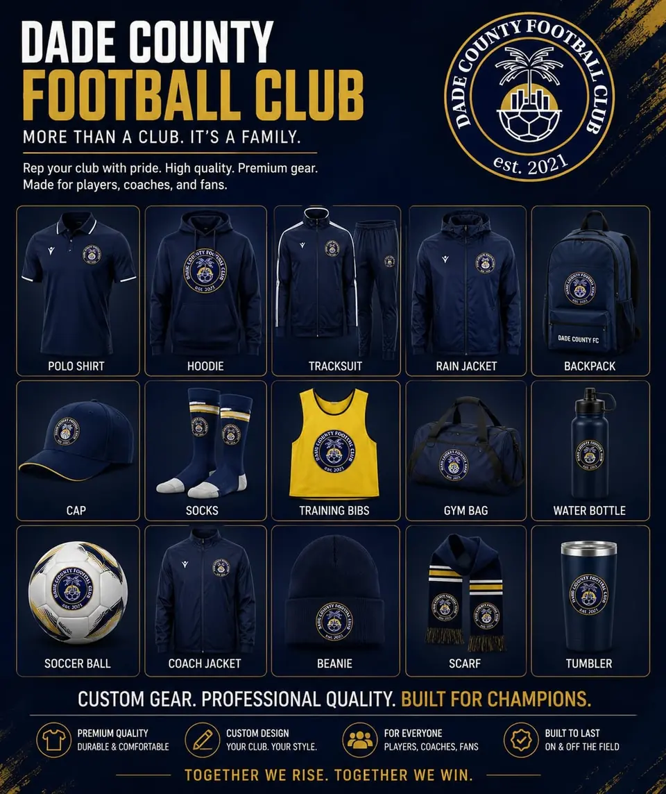 Dade County FC's shop artwork showing club apparel.