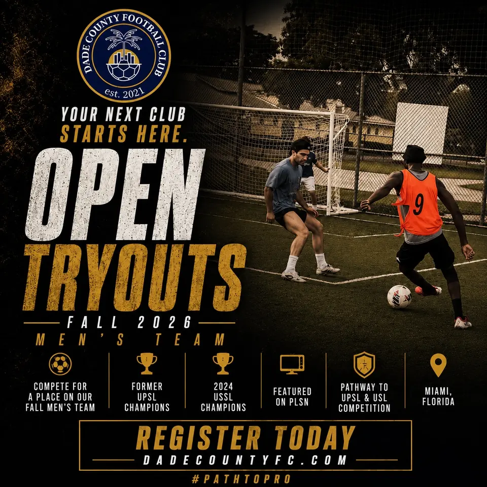 Dade County FC's open tryouts poster for the 2026 men's team, with the club crest and the registration address.