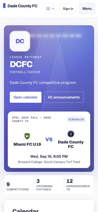The Dade County FC public site on a phone, showing the next fixture, a competitions count and the club's latest announcements.