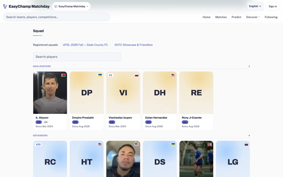 The public squad page for Dade County FC listing players by position with shirt numbers, nationalities and the date each joined.