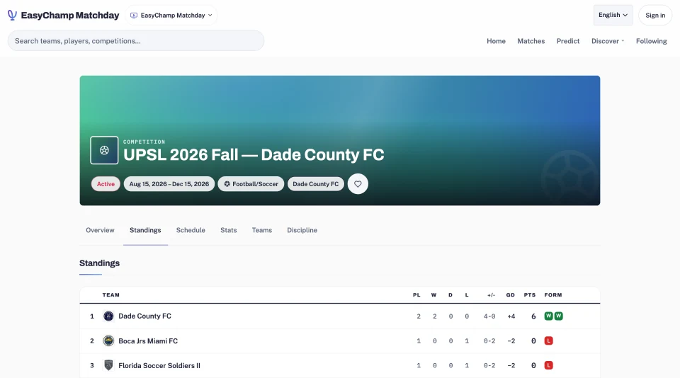 The public competition page on Watch showing the league standings and the fixture list.