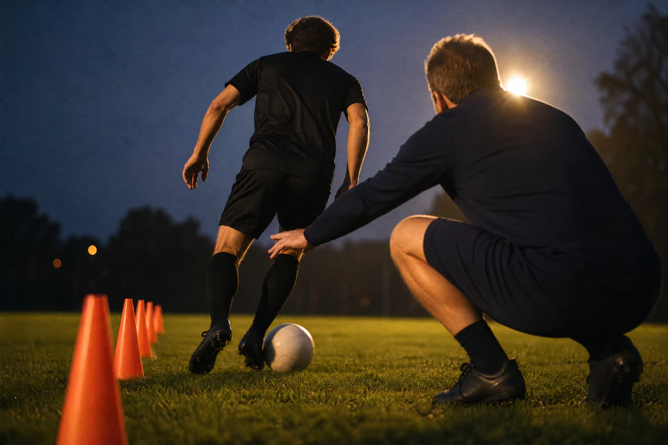 مدرب راكع بجانب لاعب يراوغ بين أقماع على عشب مضاء