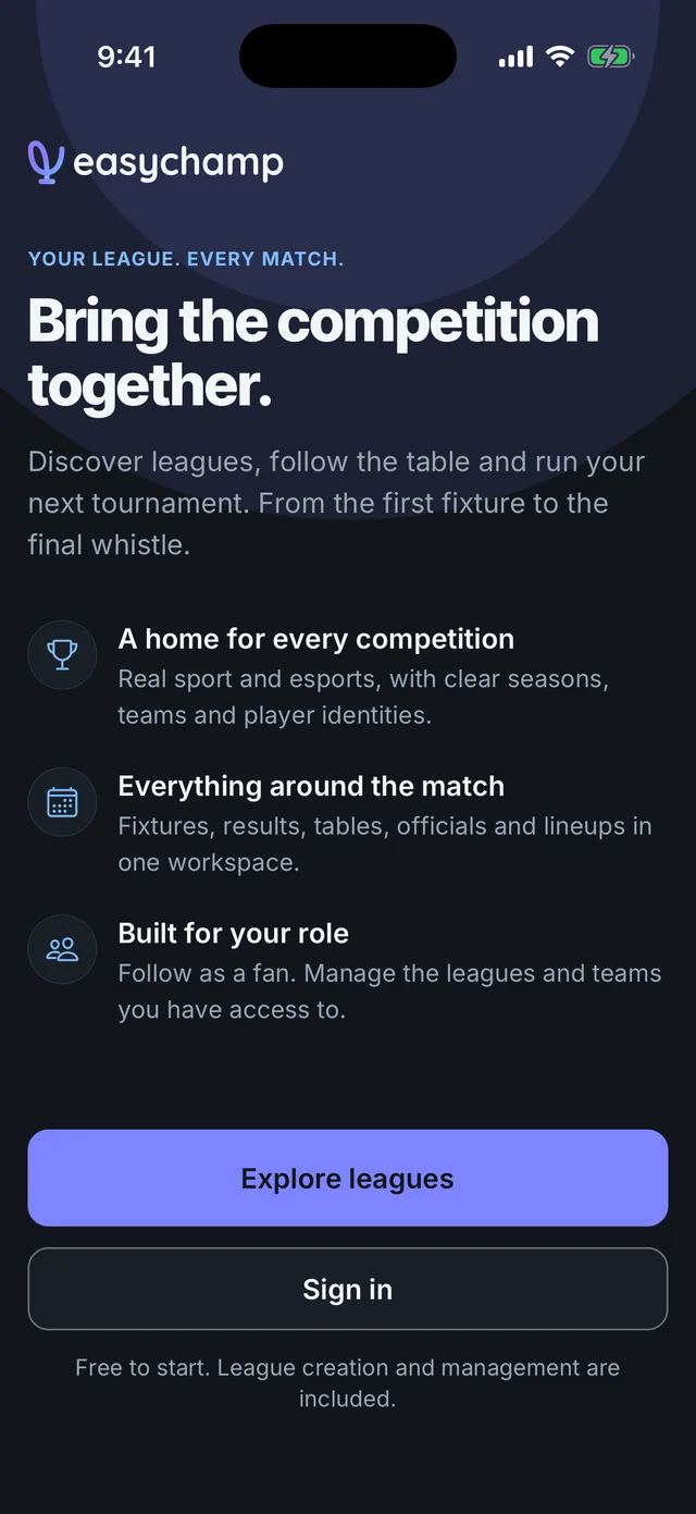 The welcome screen of the upcoming EasyChamp app