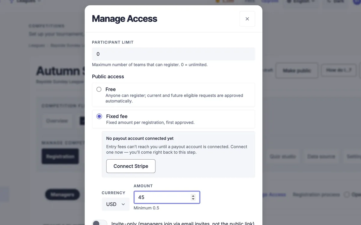 Registration settings with entry fees in the EasyChamp console