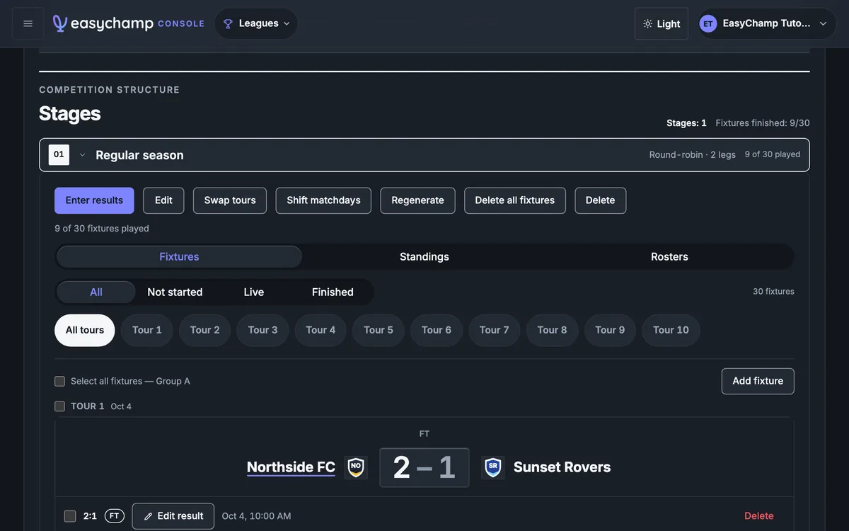 Round robin fixtures for every team, generated in one step