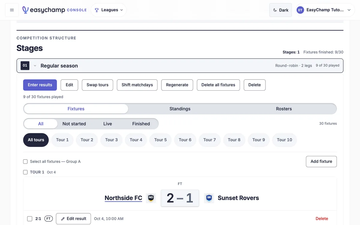 Round robin fixtures for every team, generated in one step