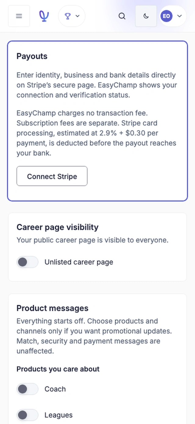 Karta wypłat w profilu konsoli z przyciskiem Podepnij Stripe