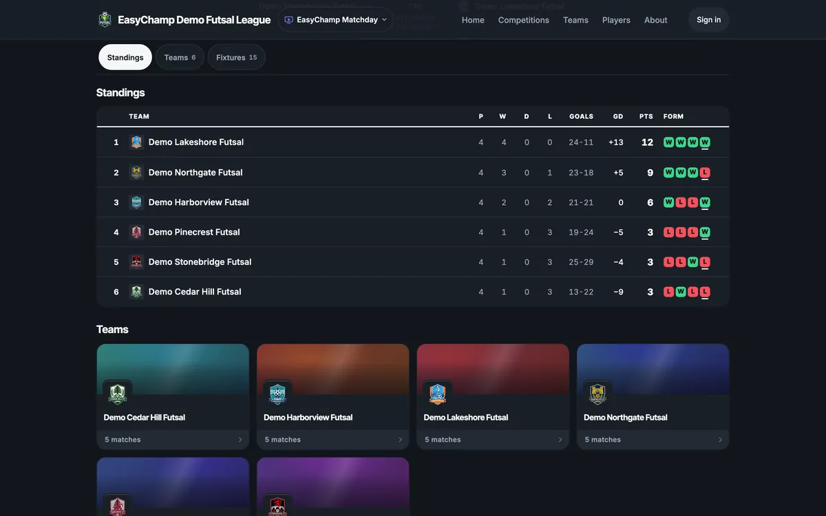 A public league site with the schedule and the table