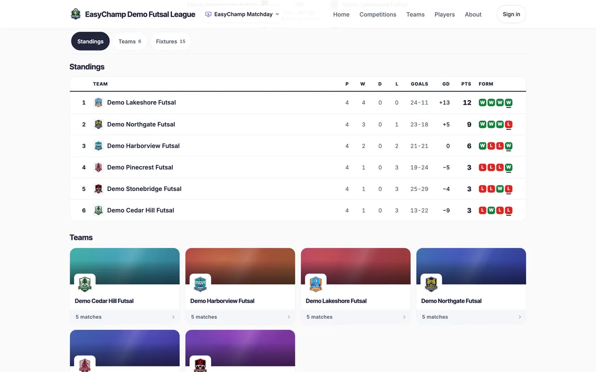 A public league site with the schedule and the table
