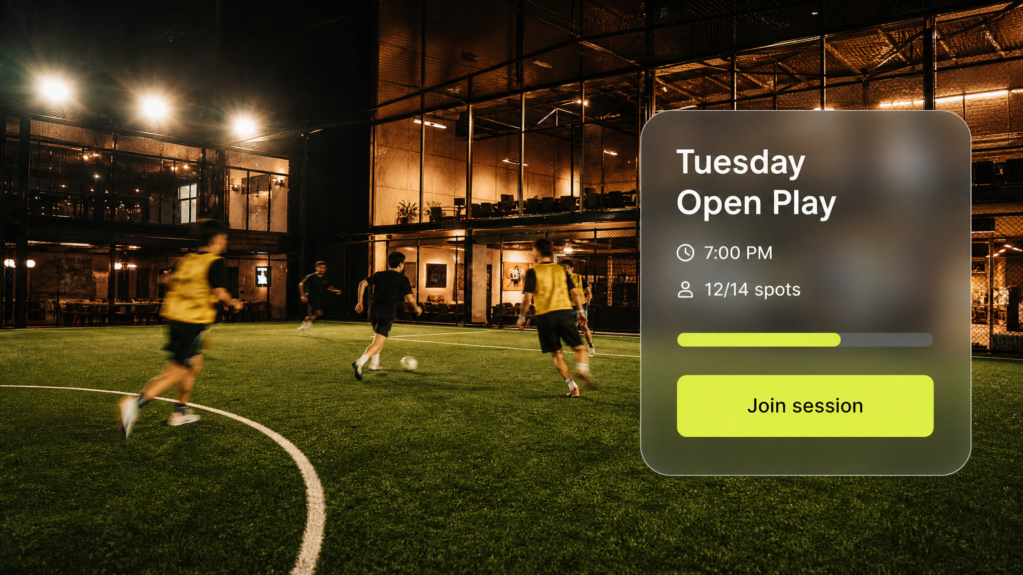 Open-play session booking card over a five-a-side court