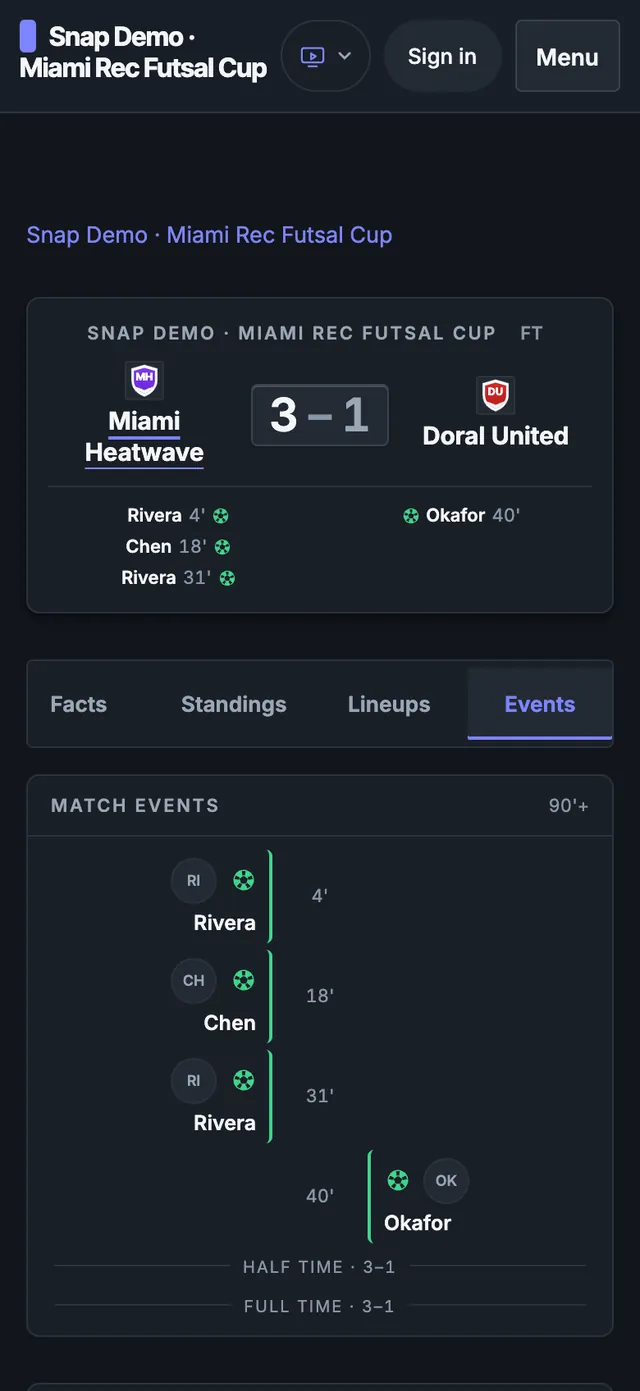 EasyChamp match page on a phone with each goal and its minute