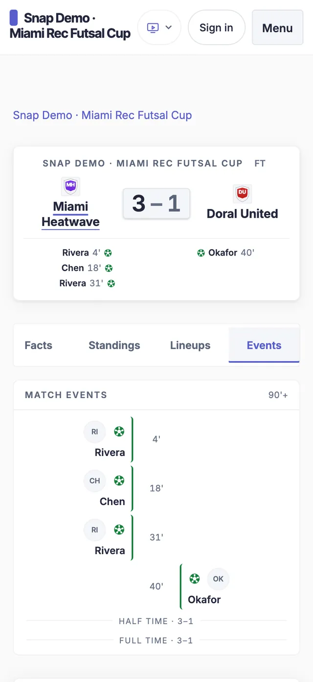 EasyChamp match page on a phone with each goal and its minute