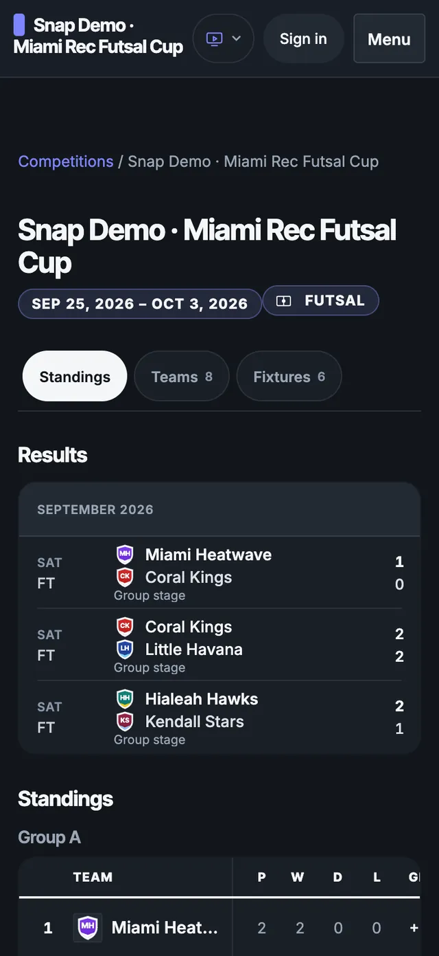 The published EasyChamp league site on a phone: results and group standings