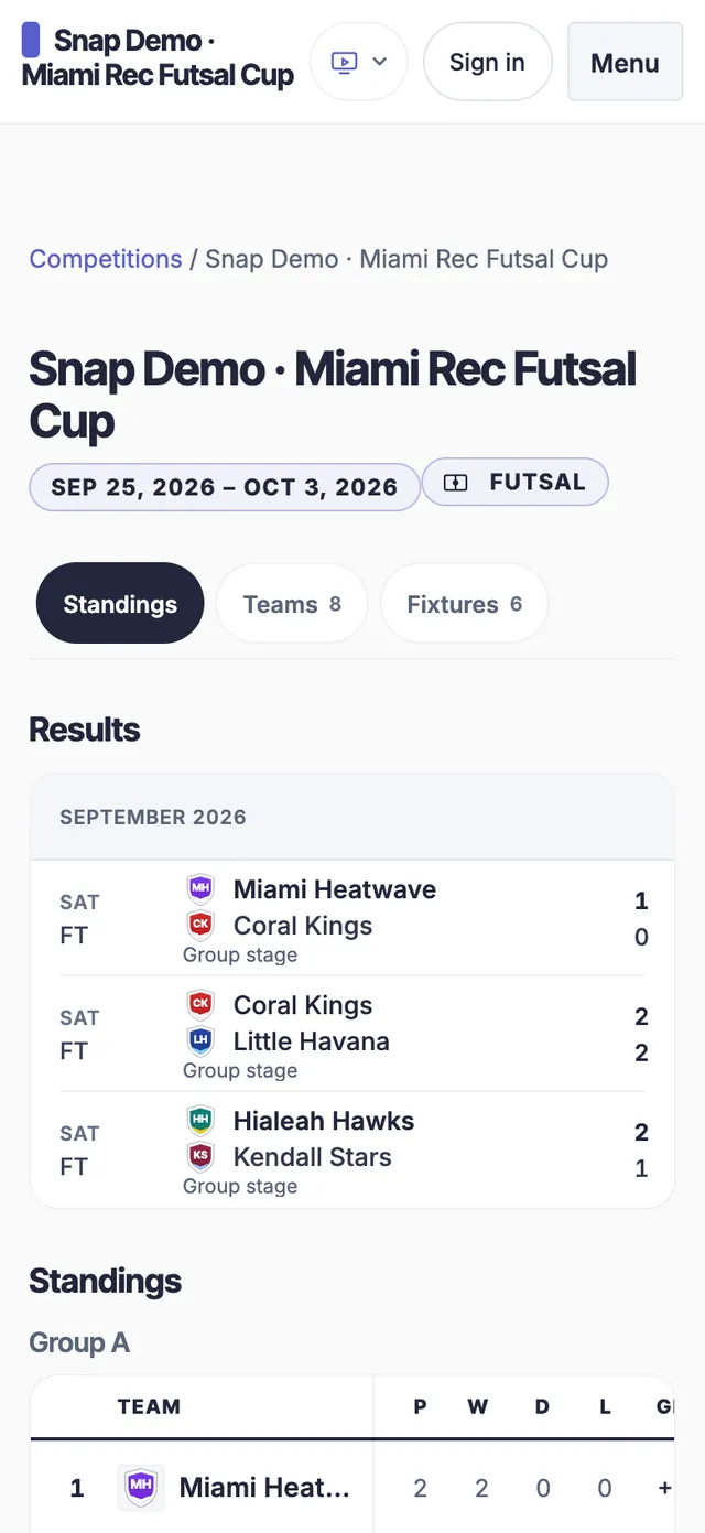 The published EasyChamp league site on a phone: results and group standings