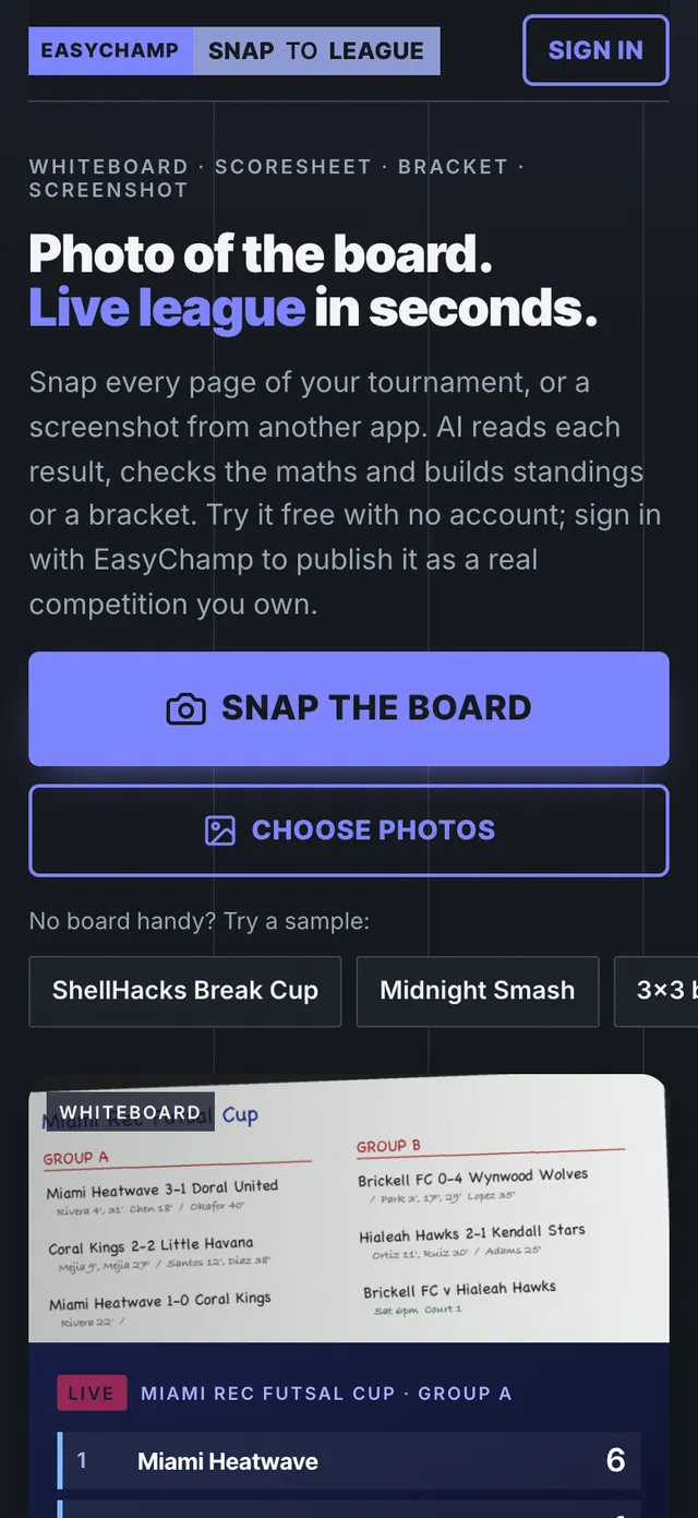 Snap to League on a phone: the Snap the board button, Choose photos and the sample boards