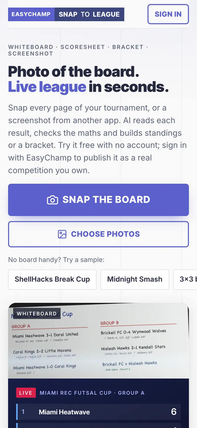 Snap to League on a phone: the Snap the board button, Choose photos and the sample boards