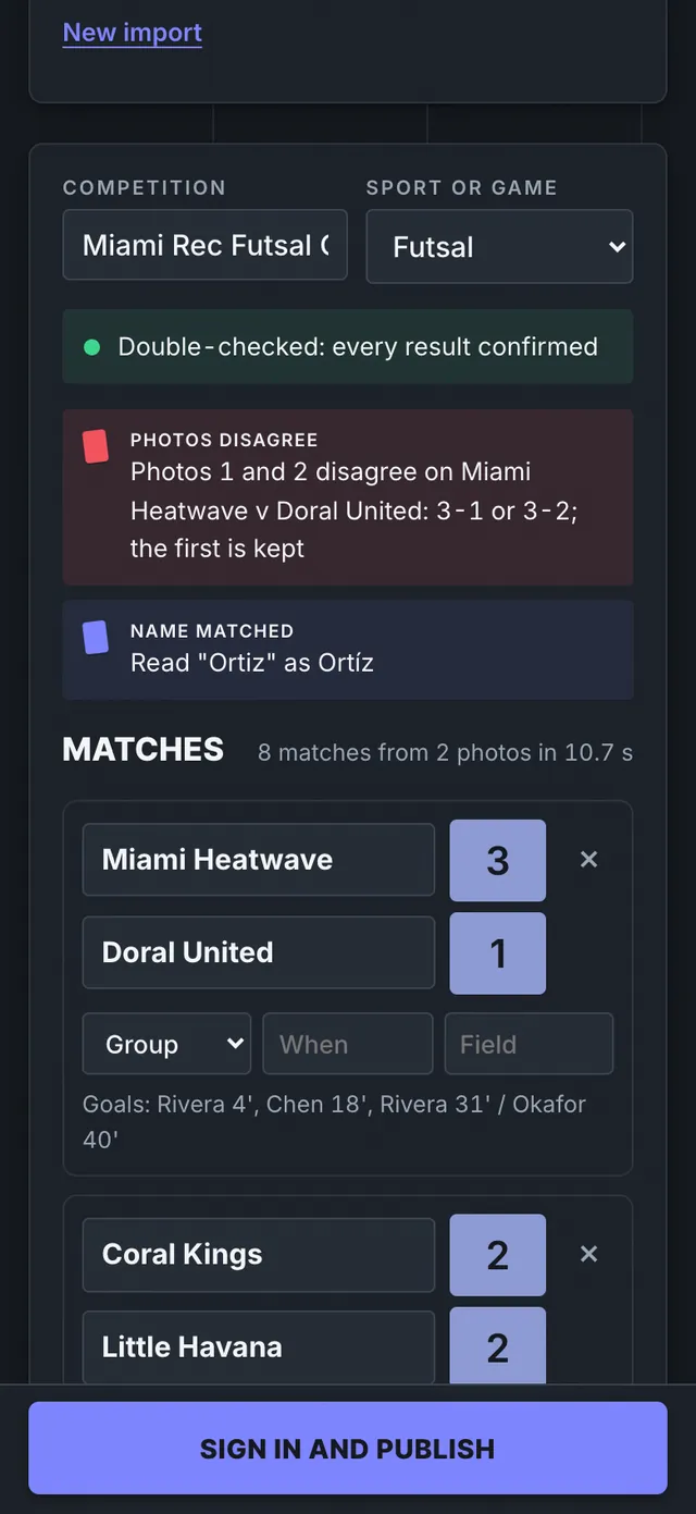 Snap review on a phone: a red card saying photos 1 and 2 disagree on Miami Heatwave v Doral United, then the matches with scorers
