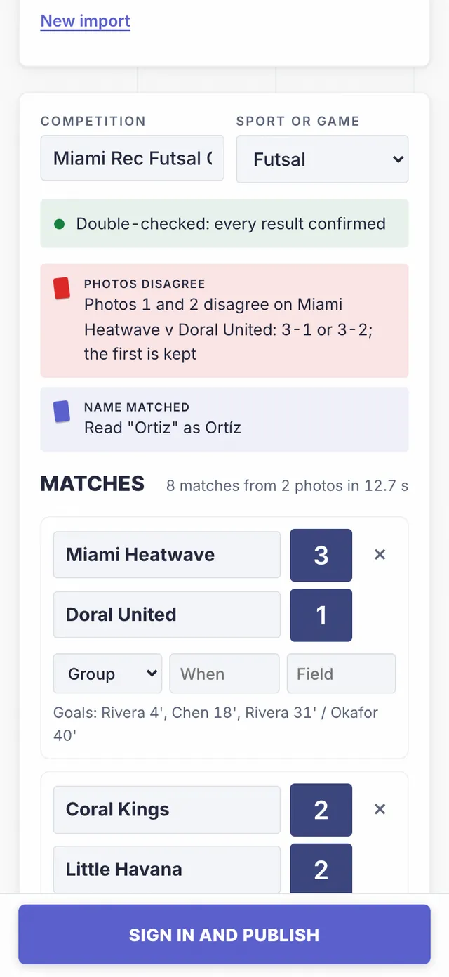 Snap review on a phone: a red card saying photos 1 and 2 disagree on Miami Heatwave v Doral United, then the matches with scorers