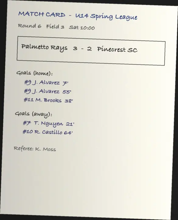 Match card sample: Palmetto Rays 3-2 Pinecrest SC with scorers and minutes