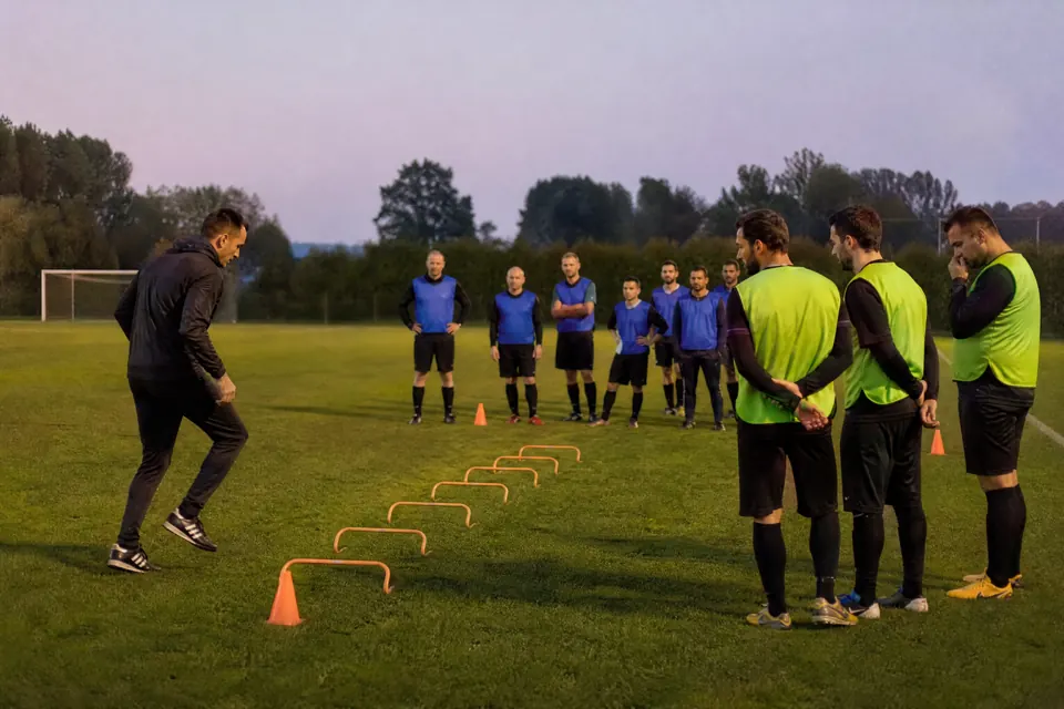 An evening club training session: a coach demonstrates a drill over orange hurdles while players in bibs wait in line